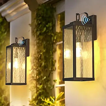 DORESshop Large Size Dusk to Dawn Outdoor Wall Lights, 16 Inch Matte Black Waterproof Anti-Rust Outdoor Light Fixtures Wall Mount with Water Ripple Glass Shade for Porch, Garage, ETL Listed, 2 Pack