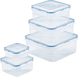 LOCK & LOCK Easy Essentials Food Storage lids/Airtight containers, BPA Free, 10 Piece - Square, Clear