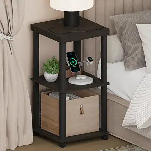 Furinno Turn-N-Tube Night Stand, 3-Tier Thick Tabletop Nightstand with Open Shelf, Toolless Assembly Side Table, Bedside Table, for Living Room, Bedroom, Espresso