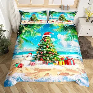 Hawaii Beach Duvet Cover Set Twin,Christmas Tree Snowman Bedding Set Kids Girls Boys Room Decor,Ocean Xmas Theme Bedspreads Cover 2Pcs,Palm Tree Coast Merry Christmas Comforter Cover,1 Pillowcase