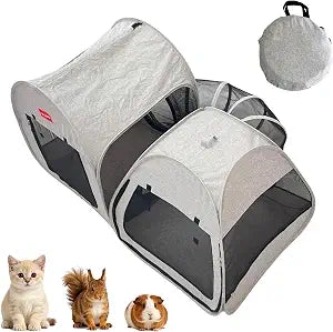 Portable 3-in-1 Cat Playpen, Outdoor Pop-up 2-Room Pet Playpen with Tunnel, Foldable Cat Dog Crate Play Enclosure with Separate Areas for Puppy Kitten and Small Animals Indoor Travel
