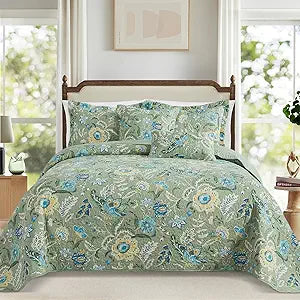 TWINRUN California King Quilt Sets,3 Pieces Oversized Cotton King Size Quilt Bedding Set (108 X 118 Inches), Vintage Sage Green California King Bedspread, Lightweight Cotton Coverlets for All Seasons