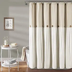 Lush Decor Linen Button Shower Curtain, 72" W x 72" L, Linen - Neural Shower Curtain Fabric - Bathroom Curtain - Farmhouse Bathroom Decor