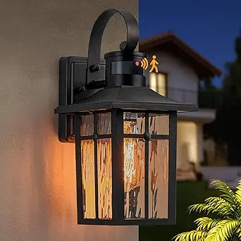 Motion Sensor Outdoor Wall Lights, Aluminum Dusk to Dawn Exterior Light Fixtures with Ripple Glass, 3 Lighting Modes Black Outdoor Wall Lantern Sconce for Garage, House, Patio