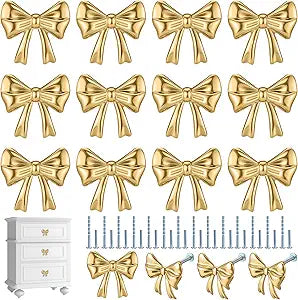 Hotop 45 Pack Gold Bow Dresser Knobs Cabinet Drawer Knobs with 2 Kinds Screws for Hardware Dresser Kitchen Drawer Aluminum Alloy Oxidation Wire Drawing Handle, 1.57" x 1.18"