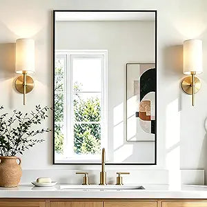 Rectangular Bathroom Mirror, 30"x20" Black Metal Framed Vanity Mirror, HD Shatterproof Wall Mirror, Horizontal or Vertical Hanging, Easy Installation for Bathroom, Bedroom, Living Room, Entryway