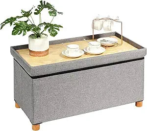 PINPLUS Ottoman with Storage Coffee Table, Grey Footrest-Stool Linen Chest with Tray, Large Storage Bench Foot Rest Ottoman for Bedroom End of Bed, Living Room, Hallway, 30"x 15"x 15"
