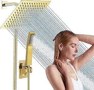 Gold High Pressure Square Rain Shower Head And All Metal Handheld Shower, Equipped With 78"Hose, 3 Way Diverter Valve,Adhesive Shower Head Holder, Luxury Shower Combo