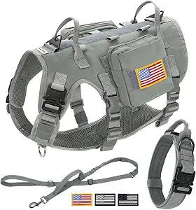Forestpaw Tactical Dog Harness for Large Dogs,Tactical Dog Collar with Bungee Leash Set,No Pull Military Dog Harness for Walking Training,Adjustable for Medium Large Dogs,Gray,Chest 22-35"