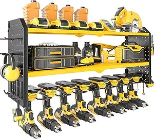 KAFAHOM Power Tool OrganizerLarge 8 Drill Holder Wall Mount Heavy Duty Metal Tool Shelf with 12 Hooks Storage Rack for Garage OrganizationUtility Cordless Drill Holder and Battery Shelves