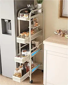 UMDONX Slim Storage Cart 4 Tier with Pull Out Basket Bathroom Organizer Rolling cart, Rolling Utility Cart Slide Out Organizer for Kitchen, Bathroom, Laundry White