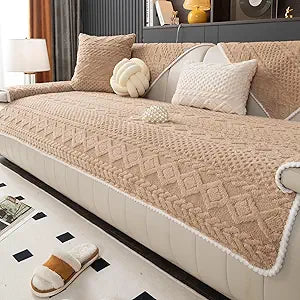 Geometric Jacquard Plush Warm Sofa Couch Cover, Soft Funny Fuzzy Couch Covers, Non Slip Sectional Sofa Slipcover, Cozy Washable Furniture Protector for Kids, Pets (Khaki, 36"x 94")