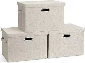 Graciadeco Large Quart Collapsible Stackable Storage Bins with Lids, 3 Packs Beige Linen Fabric Closet Boxes with Lids, Storage Cube Baskets Container Organizers for Bedroom Office(16.6 x 11.7 x 10.8)