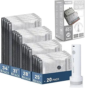 Travel Vacuum Storage Bags with Rechargeable Cordless Pump, 20 Pack 4 Sizes Compression Packing Bag Set for Luggage, Thickened Vacuum Seal Bags for Clothing, Triple-Zipper Sealer Upgrade