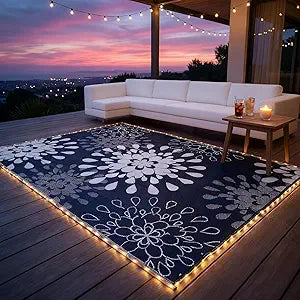 Wallona Outdoor Rugs 8x10 ft Patio Waterproof with Led Strip Lights Indoor Outdoor Carpet for Patio Plastic Straw Reversible Area Rugs Mat for RV, Camping, Beach, Picnic, Porch, Flower Blue & White