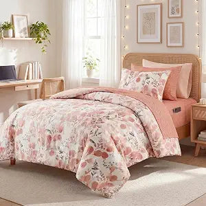 Lightweight Seersucker Botanical Comforter Set Twin Size, 6 Pieces Reversible Design Bed in A Bag Set, Premium Microfiber Bedding Set, Coral