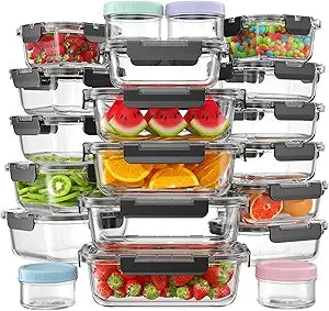 KEMETHY 40 PCS Glass Food Storage Containers with Lids(20 Container & 20 Lid), Borosilicate Glass Meal Prep Containers for Kitchen Storage and Organization, BPA-Free, Leak Proof, Reusable