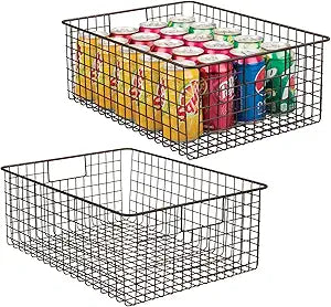 mDesign Metal Wire Food Storage Basket Organizer with Handles for Organizing Kitchen Cabinets, Pantry Shelf, Bathroom, Laundry Room, Closets, Garage - Concerto Collection - 2 Pack - Bronze