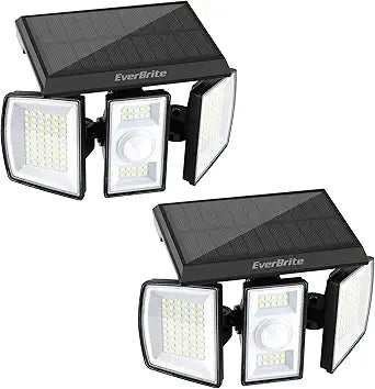 EverBrite Solar Lights Outdoor, 128 LED 7000K Motion Sensor Outdoor Lights, 3 Heads Security LED Floodlights, IP65 Waterproof, 270 Wide Angle Outdoor Solar Lights for Yard, Patio (2 Pack)