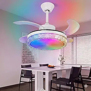 36" Smart Retractable Ceiling Fan with Bluetooth Speaker for Kids Room, RGB Color Changing Crystal Fandelier with App/Voice Control, Works with Alexa & Google Home, Dimmable LED & Quiet Motor