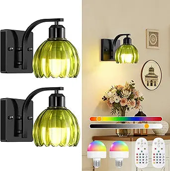 Battery Operated Wall Sconce Set of Two, Black Bedside Wall Mounted Lamps with Green Tulip Glass Shade, Vintage Dimmable Bathroom Sconces Wall Lighting for Mirror Bedroom Living Room