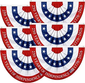 Remagr 6 Pcs Large 3x6 Ft 250th Anniversary Bunting Flag, 4th of July Decorations Patriotic Pleated Fan Flags Red White Blue Half Fan Banner Flags for Independence Day Outdoor Porch Door Yard Decor