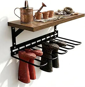 Decoroca Wall Mount Boot Rack, Garden Tool Organizer With 5 Curved Hooks & Wood Shelf, Heavy Duty Wader Boot Hangers Organizer Rack Trays for Outdoor/Indoor, Garden, Garage