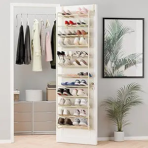 Whitmor 36 Pair Over The Door Shoe Organizer, 12 Tier Hanging Shoe Organizer, Heavy Duty Metal & Mesh Shoe Holder, Hanging Shoe Rack for Closet Organizer & Storage, 74"H x 21.7"W x 7.5"D, Beige