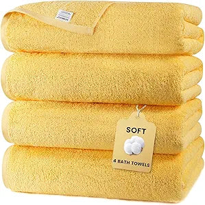SEMAXE 4 Piece Yellow Bath Towel Set for Bathroom, 100% Cotton Bath Towels with Hanging Loop, 55 x 27 Inch, Soft Absorbent & Quick Dry, for Home