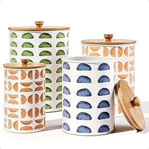 Kitchen Canisters for Countertop Set of 4 - Patterned Iron Kitchen Canisters with Airtight Lids - Flour Sugar Canister Set - Flour and Sugar Containers Farmhouse - Coffee Jar for Counter - White Jar