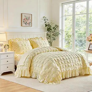 Flysheep Yellow Plaid Seersucker Comforter Set with Ruffled Fringe Queen Size, 3 Pieces Lightweight Soft Fluffy Farmhouse Bedding Set for All Season, Elegant Bed Set with Ruffle Shams (Yellow, Queen)