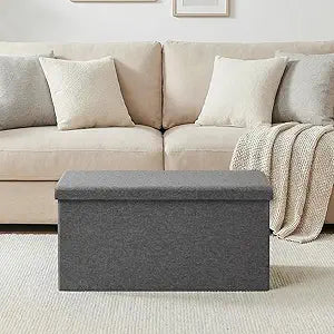 30 Inch Folding Storage Ottoman with Reversible Lid Coffee Table, Linen Fabric Multi-Functional Foot Rest & Seat for Living Room, Bedroom Grey