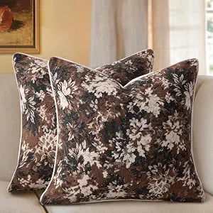 Pack of 2 Vintage Floral Throw Pillow Covers 24x24 Tapestry Chenille Euro Sham Covers Soft Decorative Farmhouse Square Accent Pillow Cases for Couch Bedroom Living Room Home Decor, Coffee Brown
