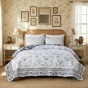 Floral Quilt Set, Denim Navy Blue Border Floral Lightweight Bedspread, 3 Piece Soft Microfiber Summer Quilt with Pillow Shams (106 x 96)