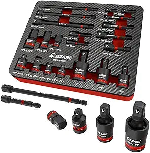 EZARC 21PCS Impact Socket Adapter Set, Includes CR-MO Universal Swivel Socket Set, CR-MO Impact Couplers, CR-V Reducers, CR-V Hex Extension Bits, Square Drive Sockets, 1/4", 3/8", 1/2" Drive