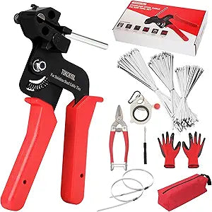 Stainless Steel Cable Tie Gun Set  Heavy Duty Metal Zip Tie Tool Kit with 150PCS Self-Locking Ties, Adjustable Fastening & Cutting Tool for Outdoor Fencing, Exhaust Pipes(Red)