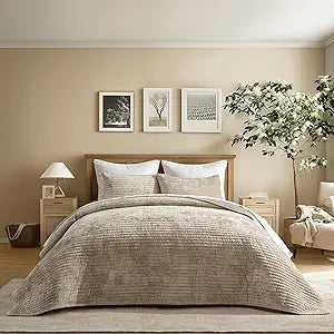 EverGrace Velvet Quilt Set California King 118'' x 106'', Luxurious Soft Striped Channel Bedding Set, Lightweight Velvet Comforter for All Season, Oversized Bedspread Coverlet w/ 2 Shams, Beige Taupe