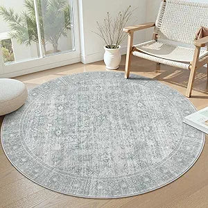 LIVEBOX Vintage Round Rug - Washable 5 Foot Large Oriental Circle Grey Rug for Living Room, Non-Slip Soft Carpet Low Pile Entryway Circular Rugs for Foyer Kitchen Kids Room