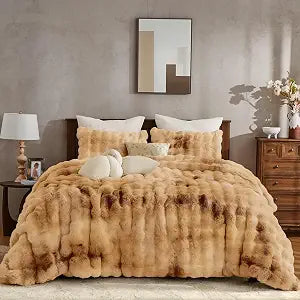 Wonderful 3 Pieces Fluffy Faux Rabbit Fur Bubble Comforter Set King Size, Tie-Dyeing Caramel Plush Fuzzy Bedding Set, Warm Soft Bubble Comforter Bedding Set for Winter