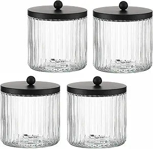 KMwares 4-Pack Glass Qtip Holder Dispenser Set for Cotton Ball, Swab, Round Pads, Floss Picks - Bathroom Canister Storage Organization and Vanity Makeup Organizer(Clear-4)