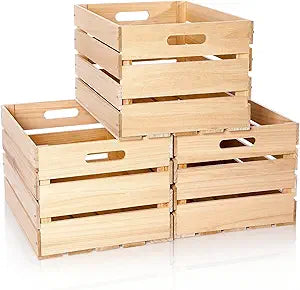 Weysat 3 Pack Large Wood Crates Box for Storage 16 x 12 x 9.5 Inches Unassembled Wooden Milk Crates with Handle Decorative Nesting Box for Winter Display Rustic DIY Office Home Retail Art Craft (Wood)