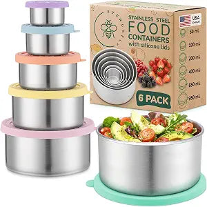 Stainless Steel Containers with Lids - 6 Pack, Bright - Metal Nesting Tins
