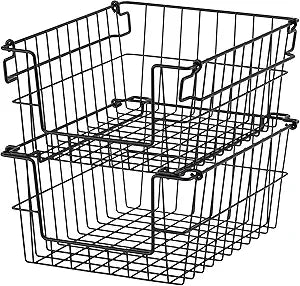 TRINITY 2-Pack Stackable Metal Wire Storage Baskets With Handles, Black, 11 Inches