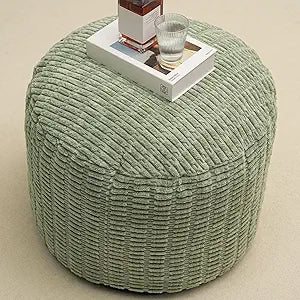 Round Stuffed Pouf Ottoman for Foot Rest, Storage Ottoman Pouf Foot Stool Cushion, Faux Fur Poufs with Foam Chunk Filling, 20 X 15 Inch Floor Chair for Living Room Bedroom Home Decor, Green