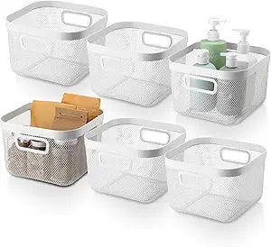 MorningRo 6 Pack Metal Mesh Basket with Hollow Handles White Wire Storage Bin for Organizing Stackable Metal Fine Mesh Basket for Pantry Bathroom Kitchen Cabinets Shelves (Medium)