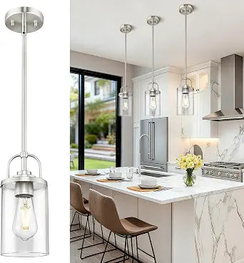 Beionxii Brushed Nickel Pendant Lights Kitchen Island w/Clear Glass and Rod