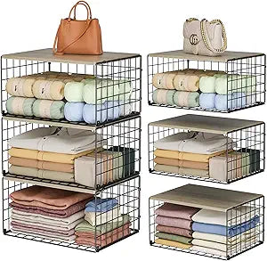 Extra-Long, Low-Profile Closet Organizers and Storage with Wood Top, 3 Pack Stackable Closet Shelf Organizer, Space-Saving Clothes Storage Bin for Wardrobe & Bedroom & Small Spaces, Sturdy Metal Black