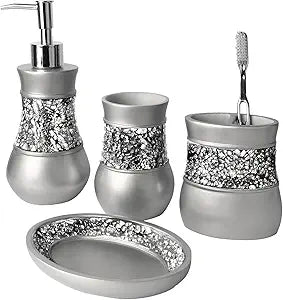 Creative Scents Crackled Glass Silver Bathroom Accessory Set  4-Piece Vanity Set Includes: Lotion Soap Dispenser, Toothbrush Holder, Tumbler, and Soap Dish