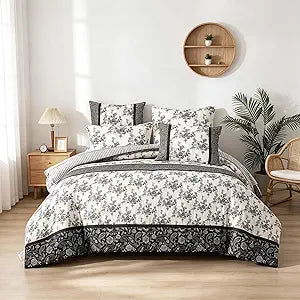 Black and White Toile Comforter Set Queen Size 7 Piece, French Country Floral Bed in a Bag with Comforter, Sheets, Pillow Shams and Pillowcases, Soft Lightweight All Season Bedding, 90 x 90 Inch