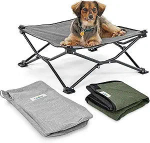 Coolaroo On-The-Go Elevated Dog Bed Kit  Portable & Cooling Travel Cot with HeatShield Fabric for Small Dogs, Lightweight & Compact, Includes Matching Carry Bag & Everglade Green Bonus Cover, Small